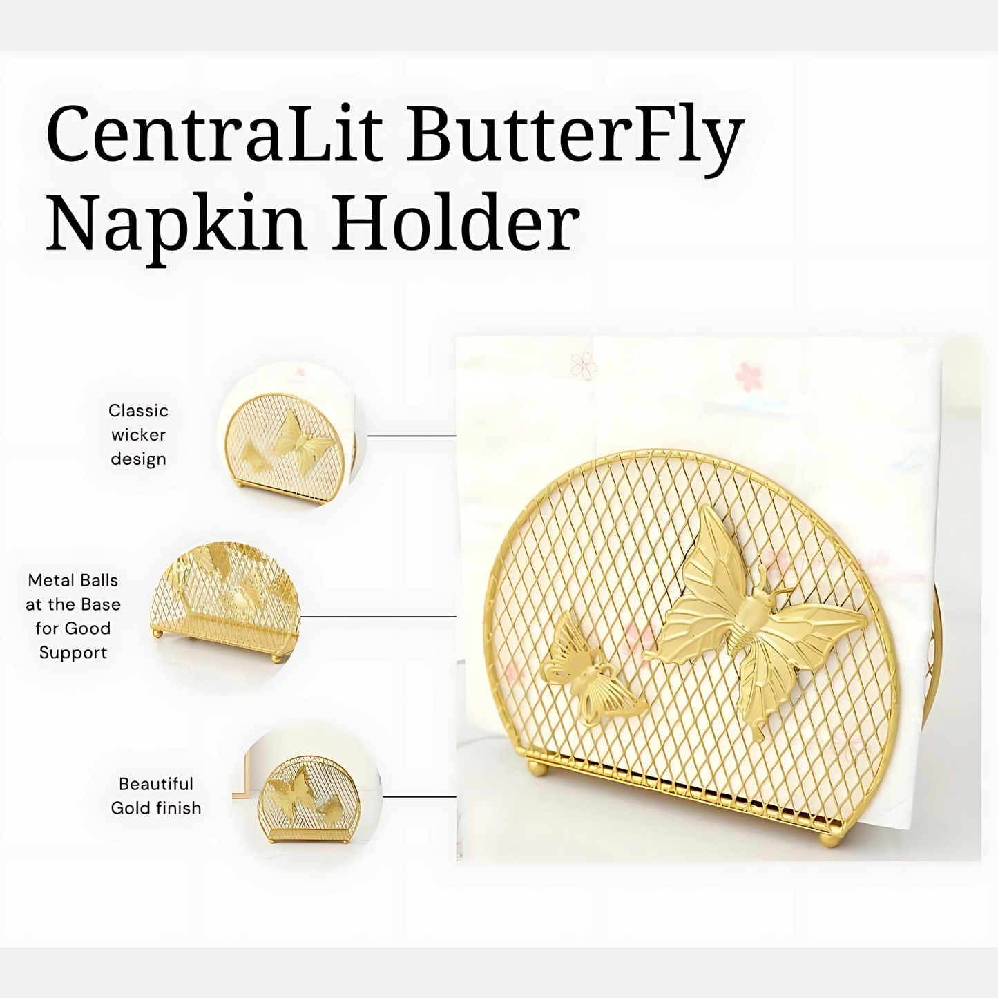 Gold Butterfly Napkin Holder β Stylish Tissue Stand for Dining Table, Kitchen & Office